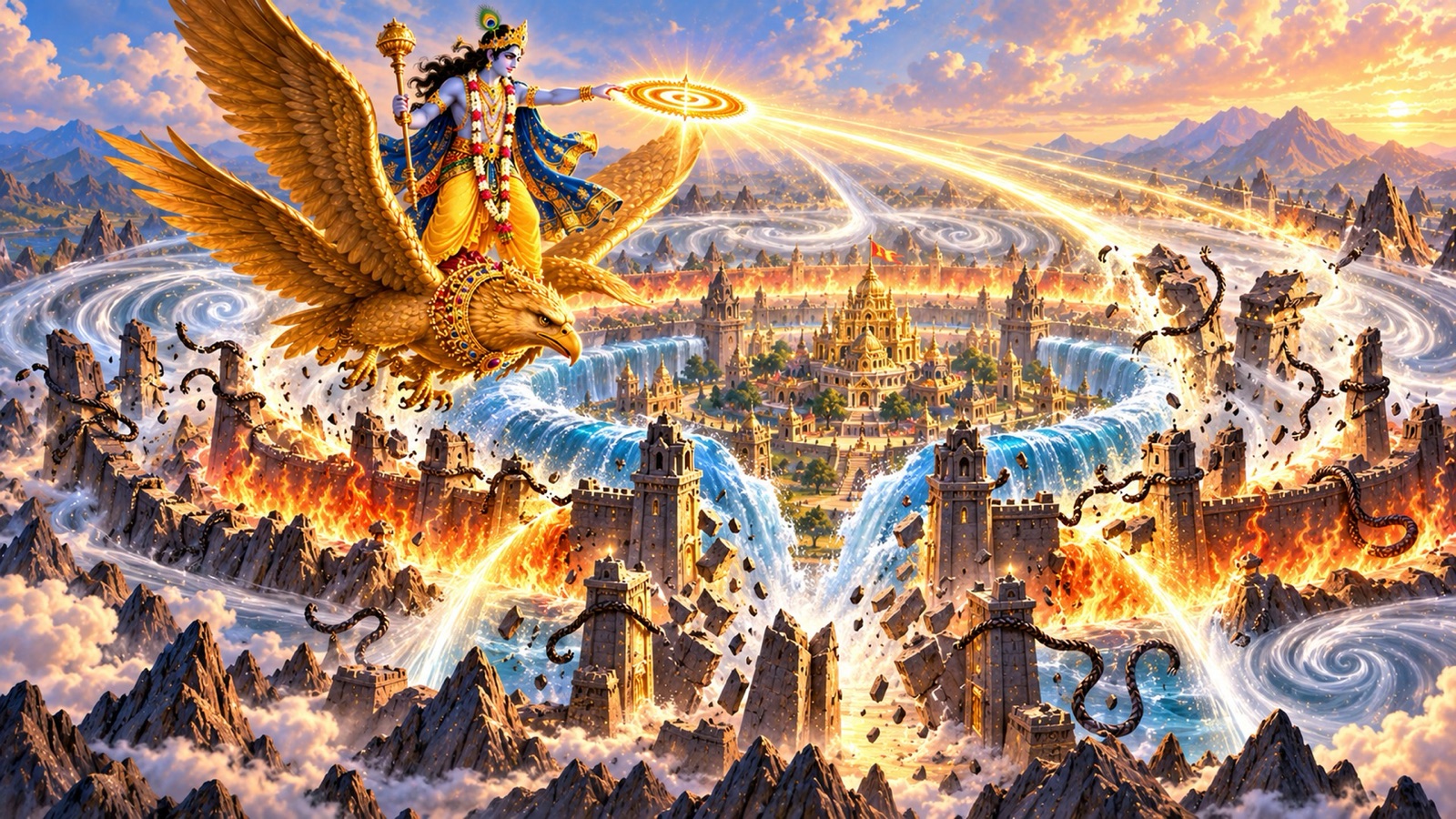 Krishna on Garuda shattering the mountain, water, fire and wind defences of Pragjyotishapura with mace, arrows and the blazing Sudarshana discus