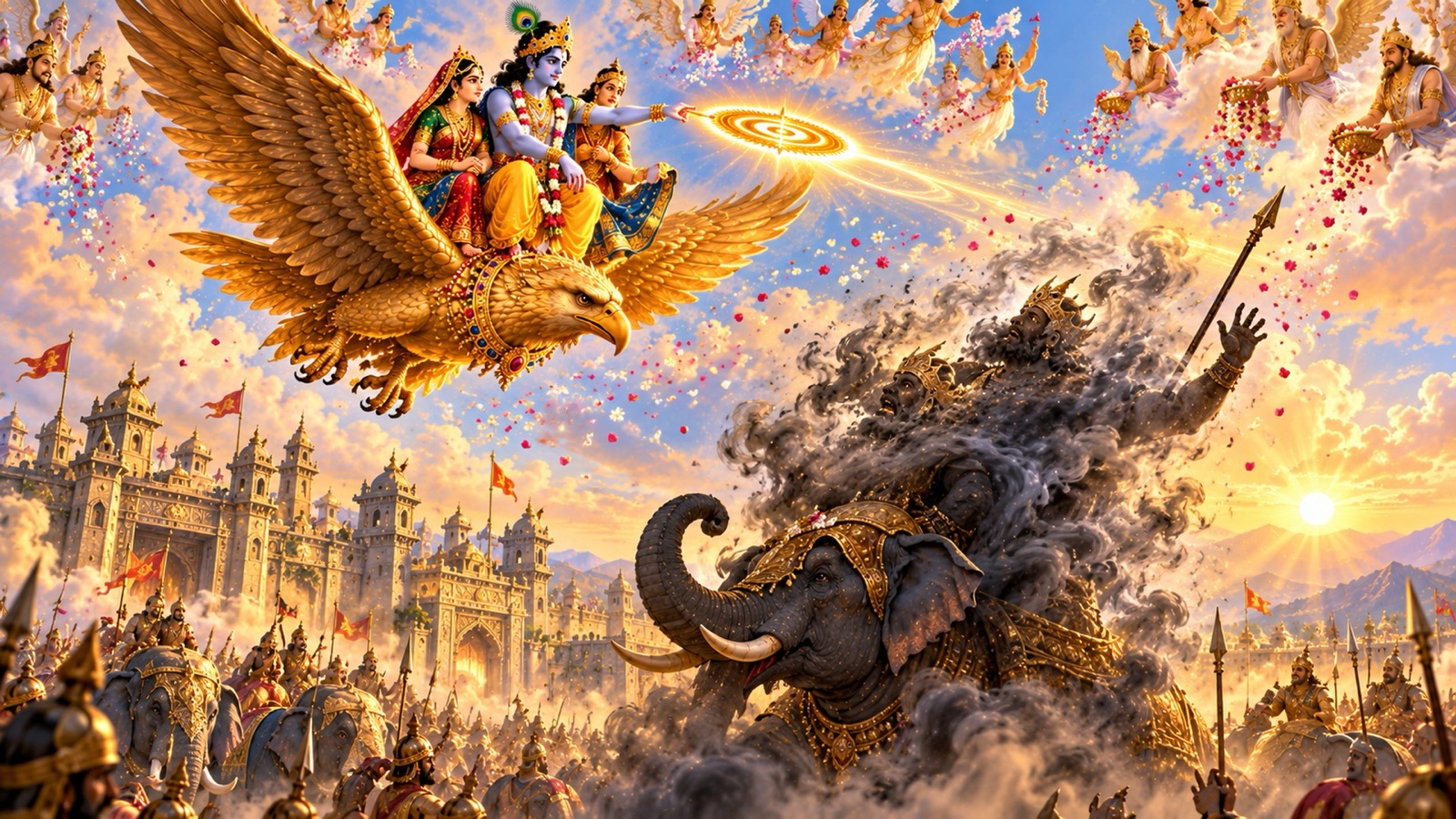 Naraka on his war elephant dissolving like a dark cloud before the radiant Sudarshana as the gods shower flowers from the sky