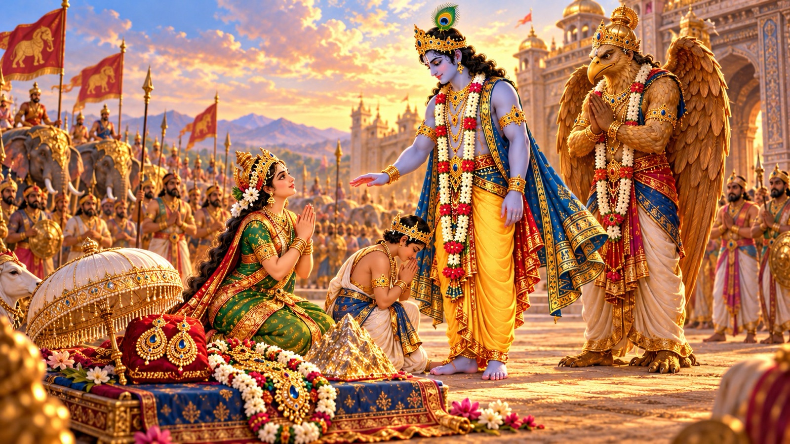 Goddess Earth with folded hands offering Aditi's earrings, the Vaijayanti garland and Varuna's umbrella to Krishna while young Bhagadatta bows at His feet