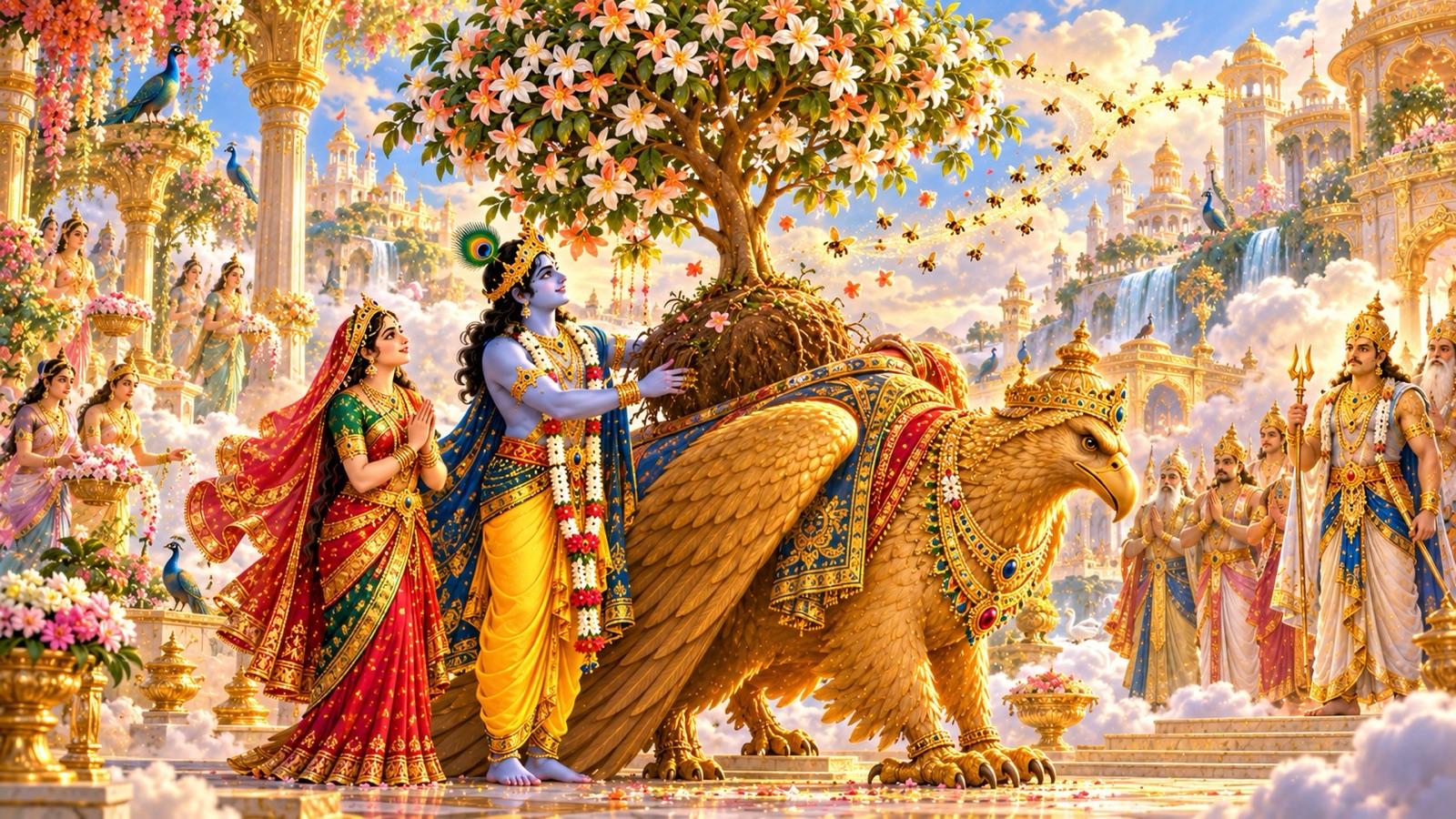 Krishna lifting the flowering Parijata tree onto Garuda's back as Satyabhama watches and Indra with the gods stands at a distance