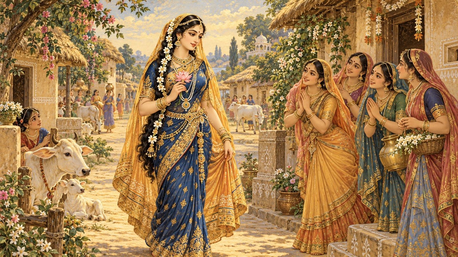 Putana disguised as a beautiful woman entering Gokula, mistaken by the cowherd women for Lakshmi