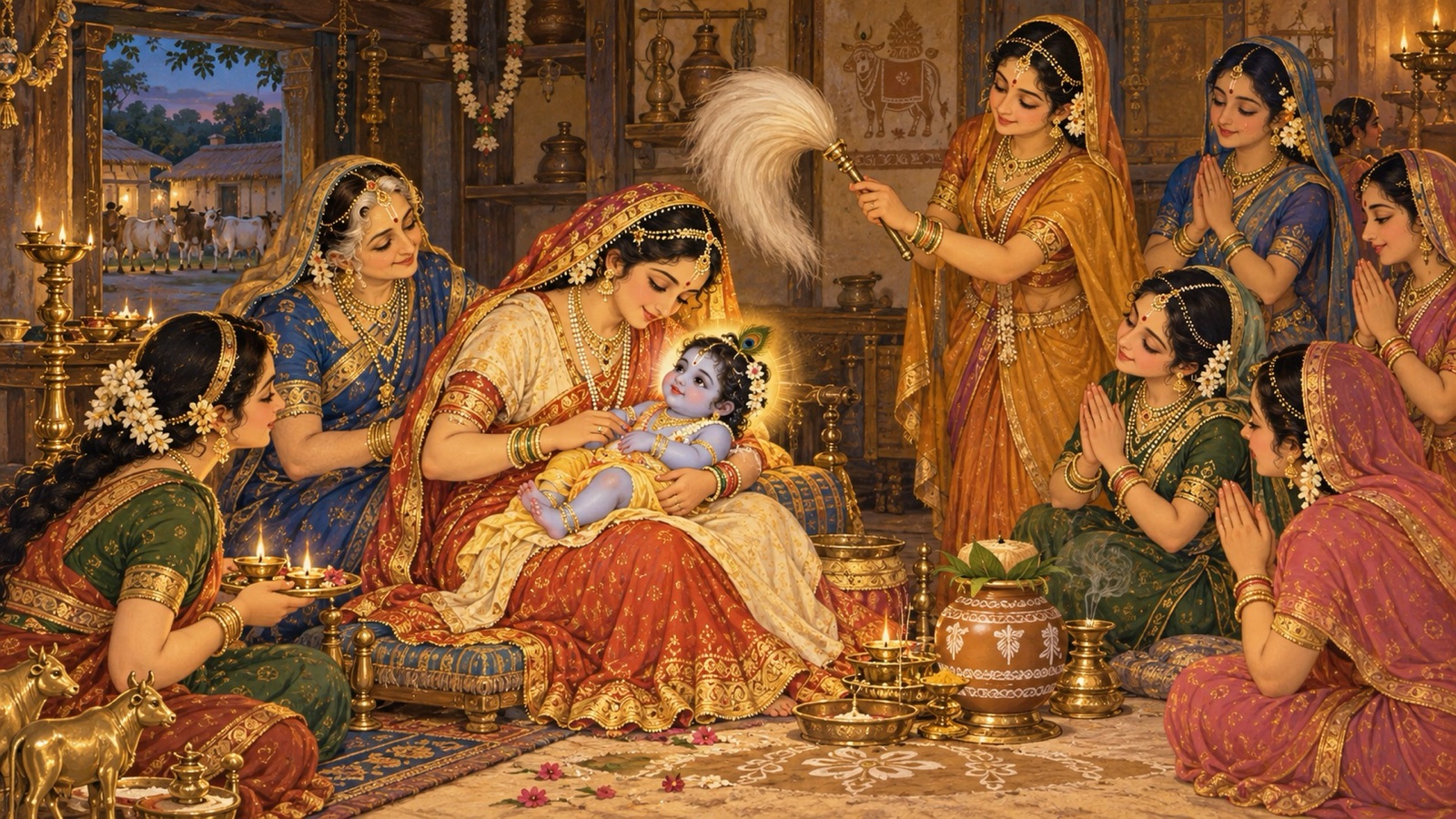 Yasoda, Rohini, and the cowherd women performing protective rites and prayers over the infant Krishna