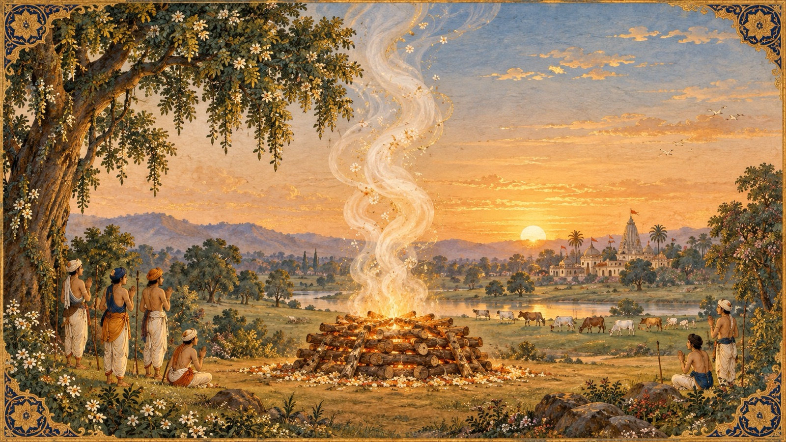 Fragrant smoke rising as the villagers of Vraja cremate the body of Putana