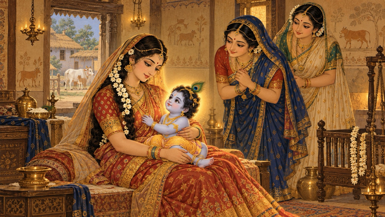 The disguised Putana holding the radiant infant Krishna on her lap as the mothers Yasoda and Rohini look on in Gokula