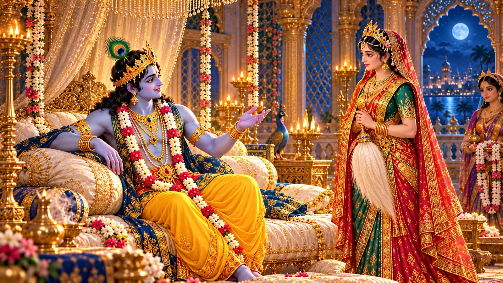 मुसकराते हुए रानी रुक्मिणी से परिहास-भरे वचन कहते भगवान श्रीकृष्ण, और हाथ में चँवर लिए सुनती रुक्मिणी