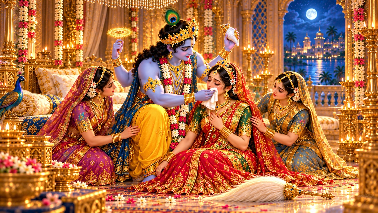 Lord Krishna, manifesting four arms, stepping down from the couch to raise the fallen Rukmini and wipe her tears