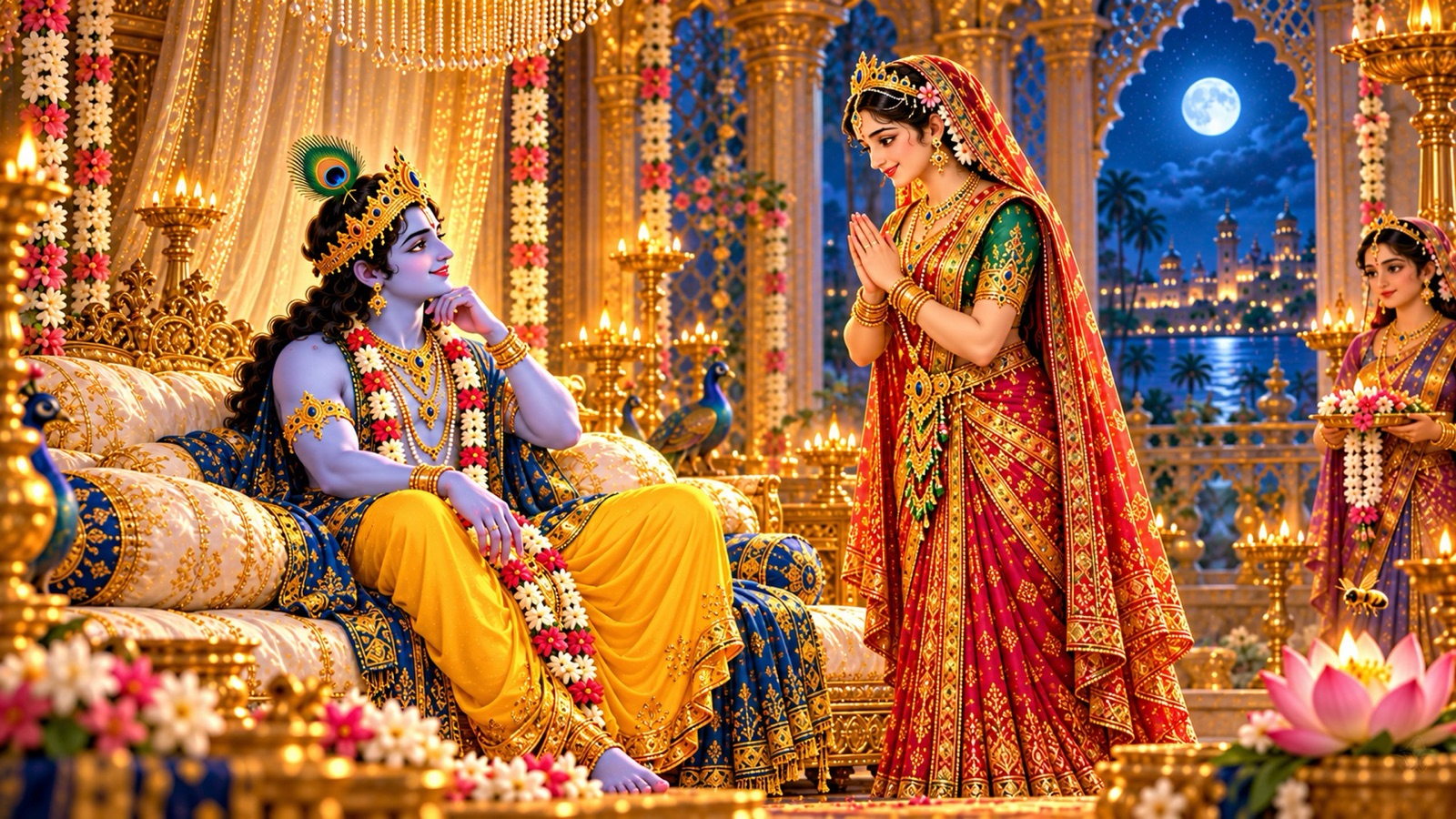 Queen Rukmini with folded hands offering her wise reply to Lord Krishna, who listens with a gentle smile