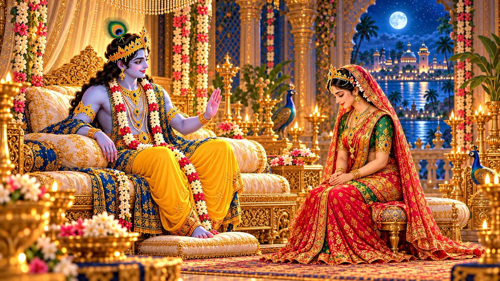 Lord Krishna raising His hand in blessing as He praises the devotion of Queen Rukmini seated beside Him