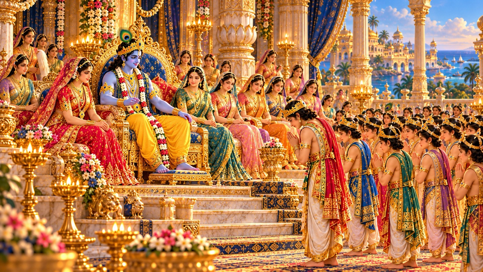 द्वारका में सिंहासनासीन कृष्ण, आदरपूर्वक बैठी रानियाँ और उनके सामने पंक्तिबद्ध प्रणाम करते युवा राजकुमार