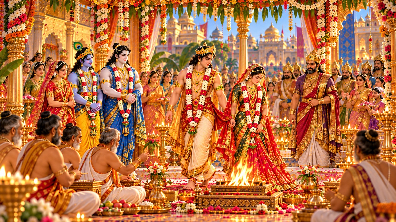 भोजकट में विवाह की पवित्र अग्नि की परिक्रमा करते अनिरुद्ध और रोचना, कृष्ण, बलराम, रुक्मिणी और रुक्मी देखते हुए