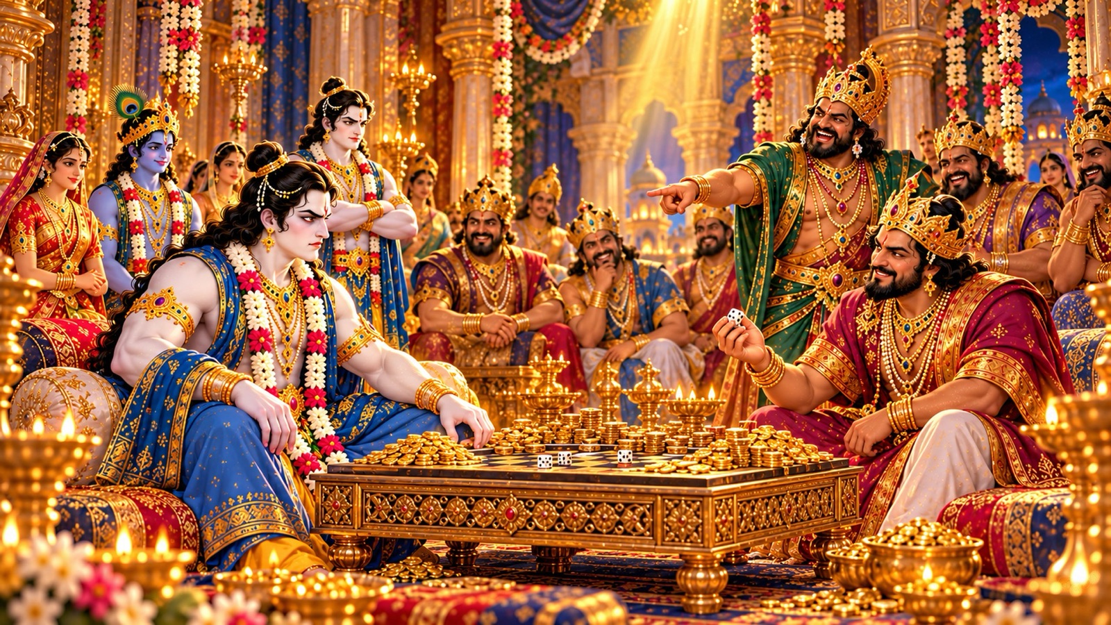 Balarama and Rukmi seated over a dice board while the king of Kalinga laughs with bared teeth and other kings look on