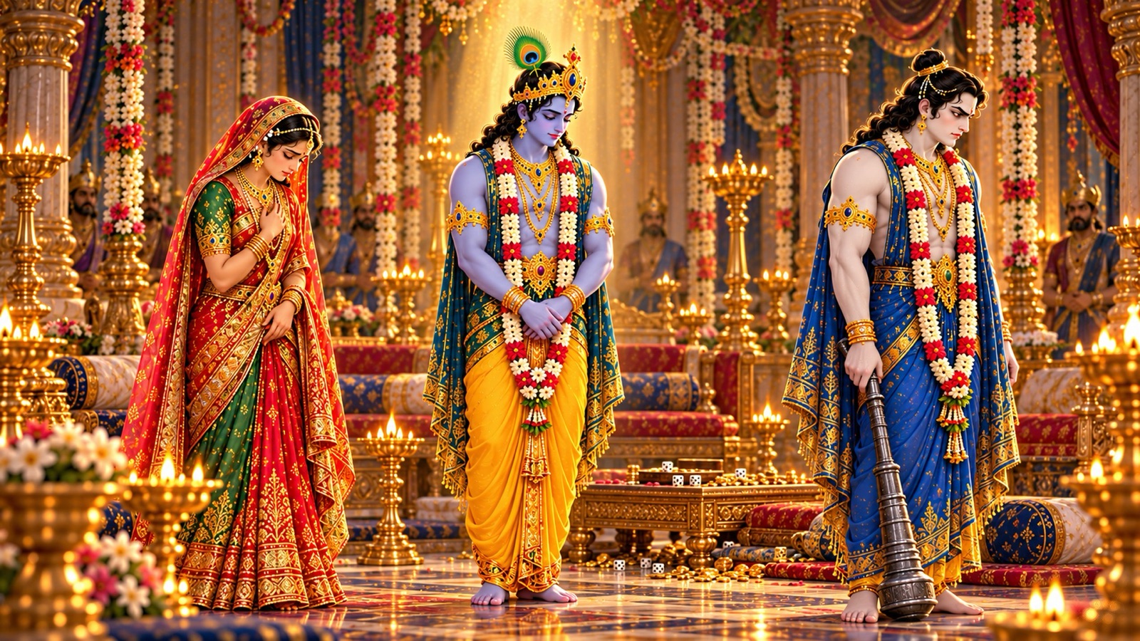 Krishna standing calm and silent between a grieving Rukmini and Balarama with his club lowered after Rukmi's death