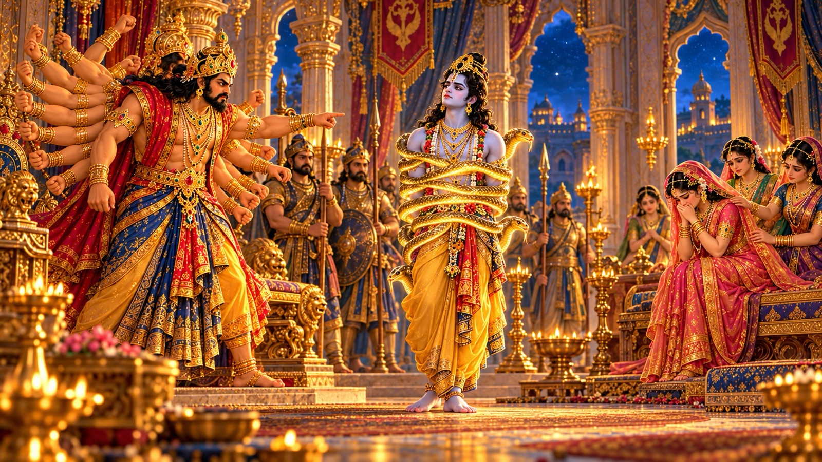 बाणासुर और उसके सैनिकों के सम्मुख प्रकाशमान सर्प-रज्जुओं में बँधे खड़े अनिरुद्ध, और सखियों के बीच रोती ऊषा