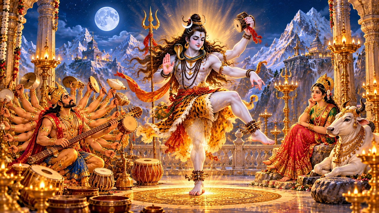 Thousand-armed Banasura playing musical instruments as Lord Shiva performs the Tandava dance, with Parvati and Nandi watching