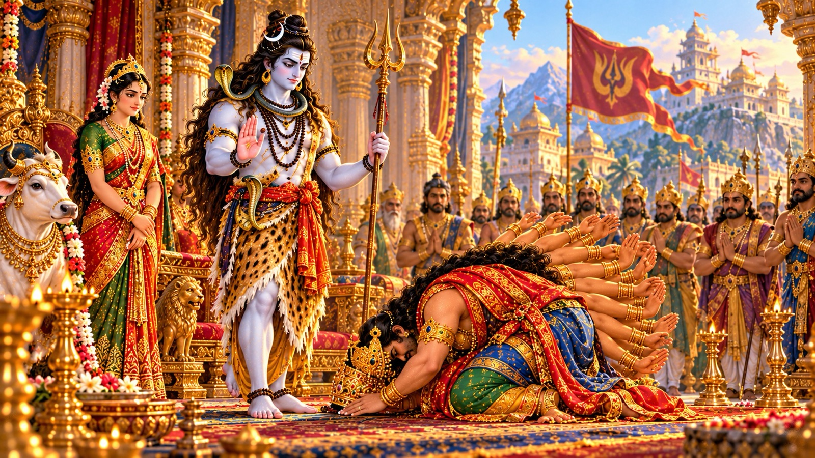 Banasura bowing his radiant crown to the feet of Lord Shiva, who raises a hand in solemn warning while Parvati and Nandi look on