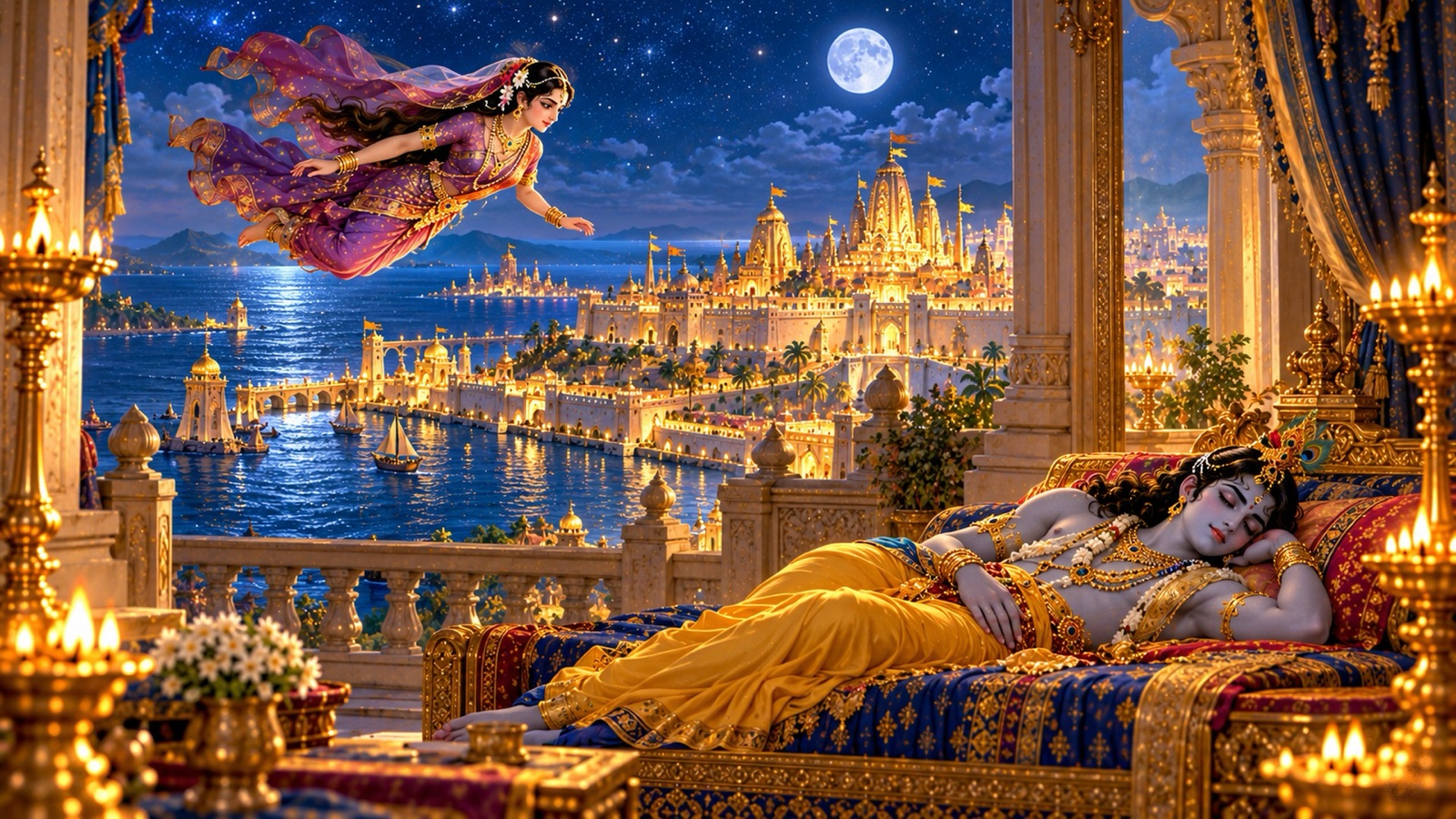 The yogini Chitralekha flying through the night sky toward the sea-girt city of Dvaraka, where Aniruddha sleeps on an ornate couch