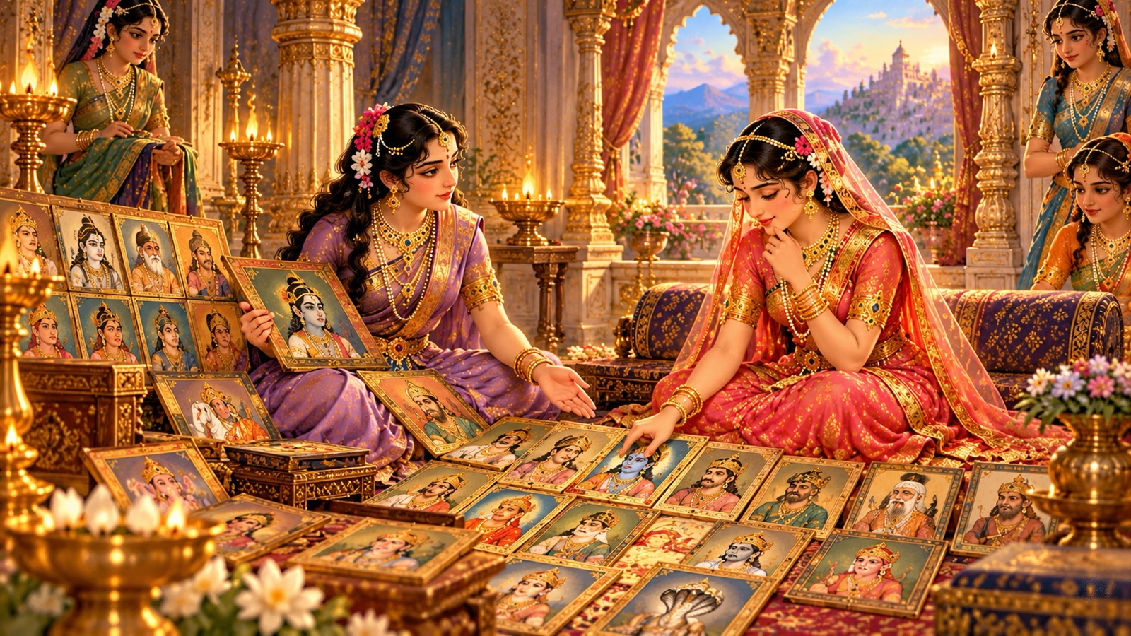 Chitralekha showing her painted portraits to Usha, who shyly recognises Aniruddha among the princes of the Yadu dynasty