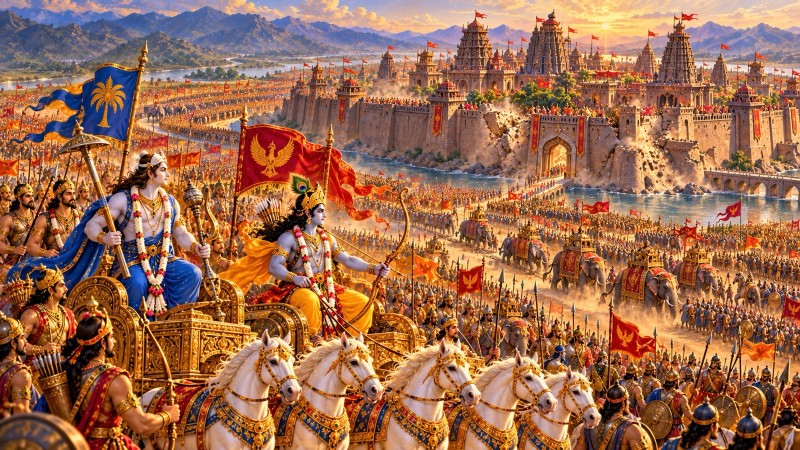 Balarama and Krishna leading the twelve-akshauhini Yadu army around the fortified walls and towers of Shonitapura