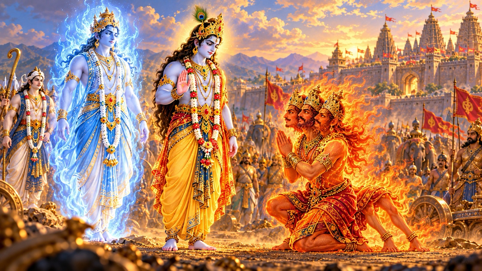 The three-headed Fever of Shiva kneeling with folded palms before Krishna, with the luminous Fever of Vishnu standing by