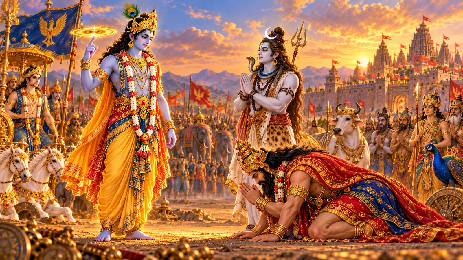 Lord Shiva with folded hands praying to Krishna while Banasura, four arms remaining, bows before the glowing Sudarshana discus