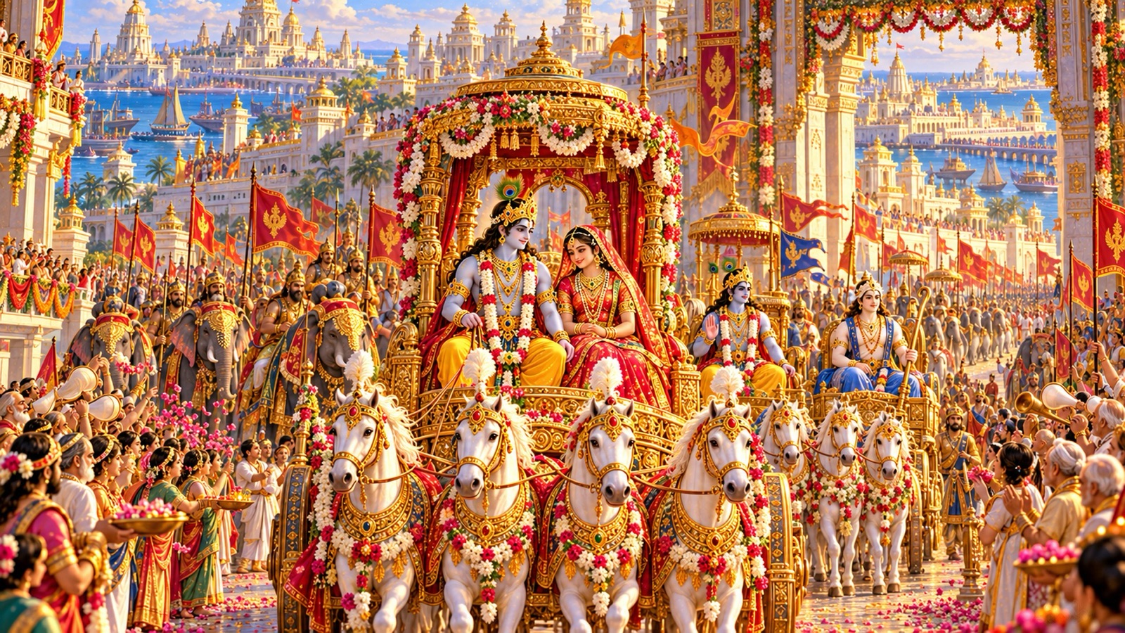 Aniruddha and Usha on a decorated chariot entering flag-adorned Dvaraka, welcomed by citizens with conchs and drums