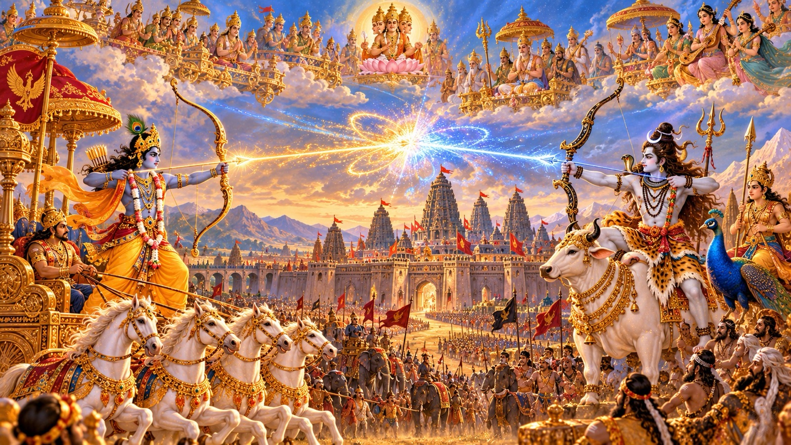Krishna on His chariot with the Sharnga bow facing Lord Shiva mounted on Nandi before the walls of Shonitapura, as gods watch from aerial cars