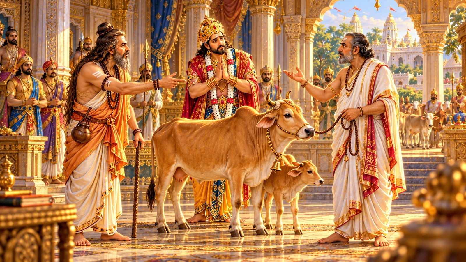 अपने दरबार में दो ब्राह्मणों के बीच खड़े राजा नृग, जिनमें एक कहता है कि गौ उसे दान में मिली और दूसरा कि वह उसकी अपनी है