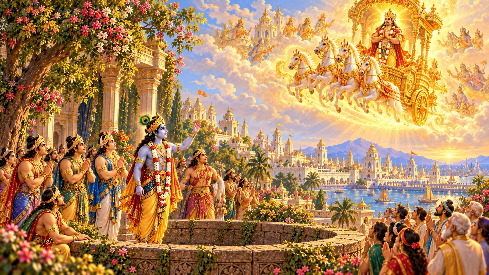 श्रीकृष्ण की परिक्रमा के बाद दिव्य विमान में आकाश की ओर उठते स्वर्ण-कान्ति वाले राजा नृग, जिन्हें द्वारकावासी देख रहे हैं