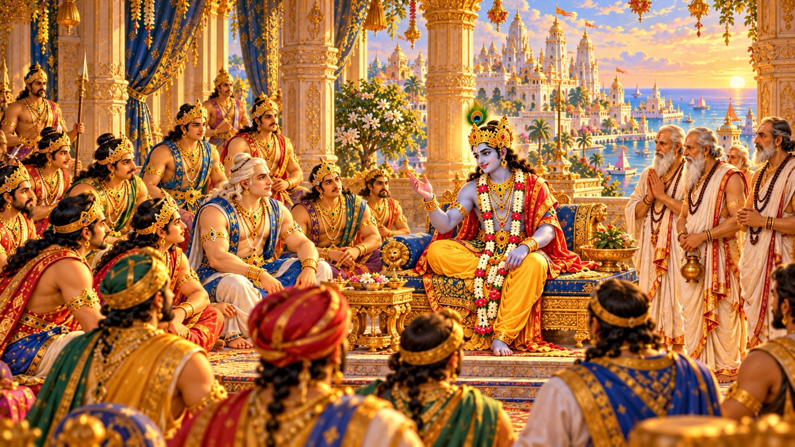 द्वारका के एकत्र यदुवंशियों के बीच बैठे द्विभुज, श्याम-वर्ण भगवान श्रीकृष्ण, उठे हाथ से उन्हें उपदेश देते हुए