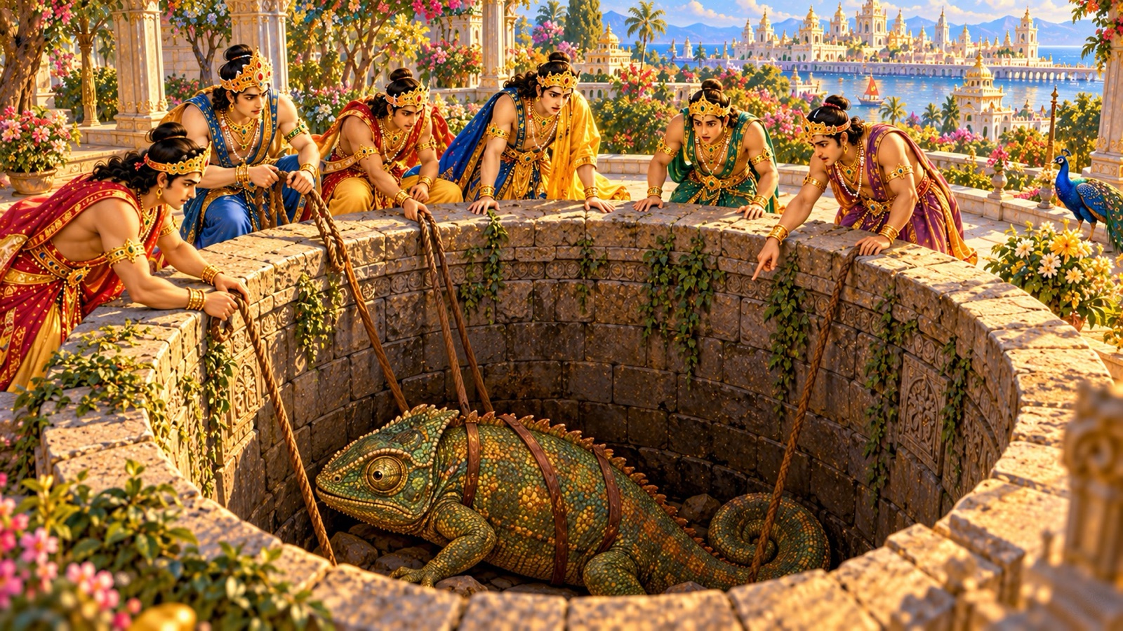 The young Yadava princes Samba, Pradyumna and their companions peering into a dry well at a giant chameleon they cannot pull out with ropes