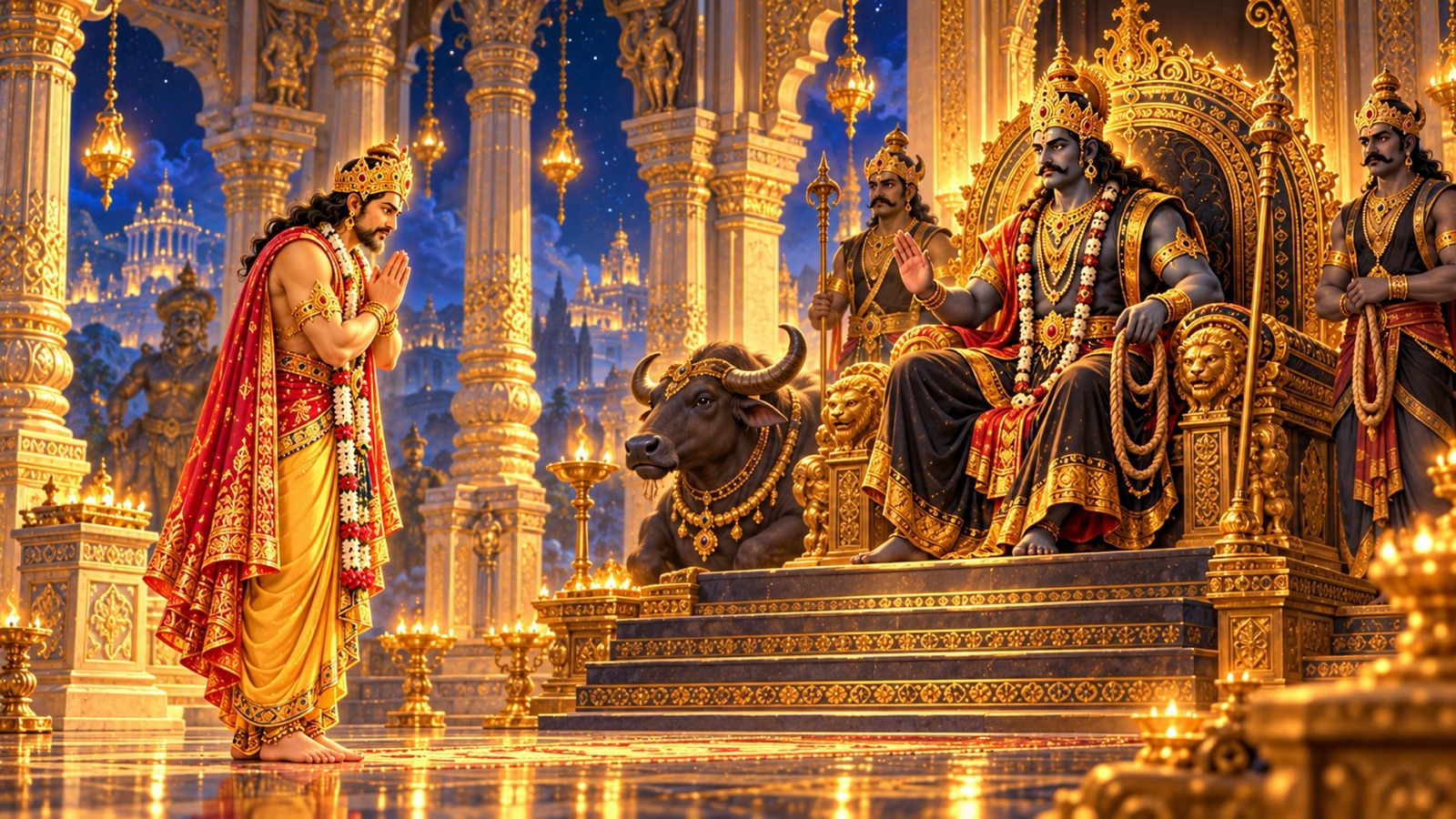 King Nriga standing with folded hands before Yama, the lord of justice, who sits enthroned in his celestial court
