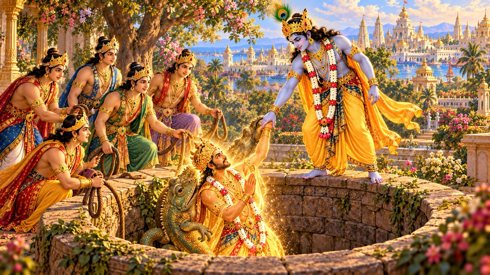Krishna lifting the giant chameleon from the dry well with His left hand as it transforms into the golden-hued King Nriga before the Yadava princes