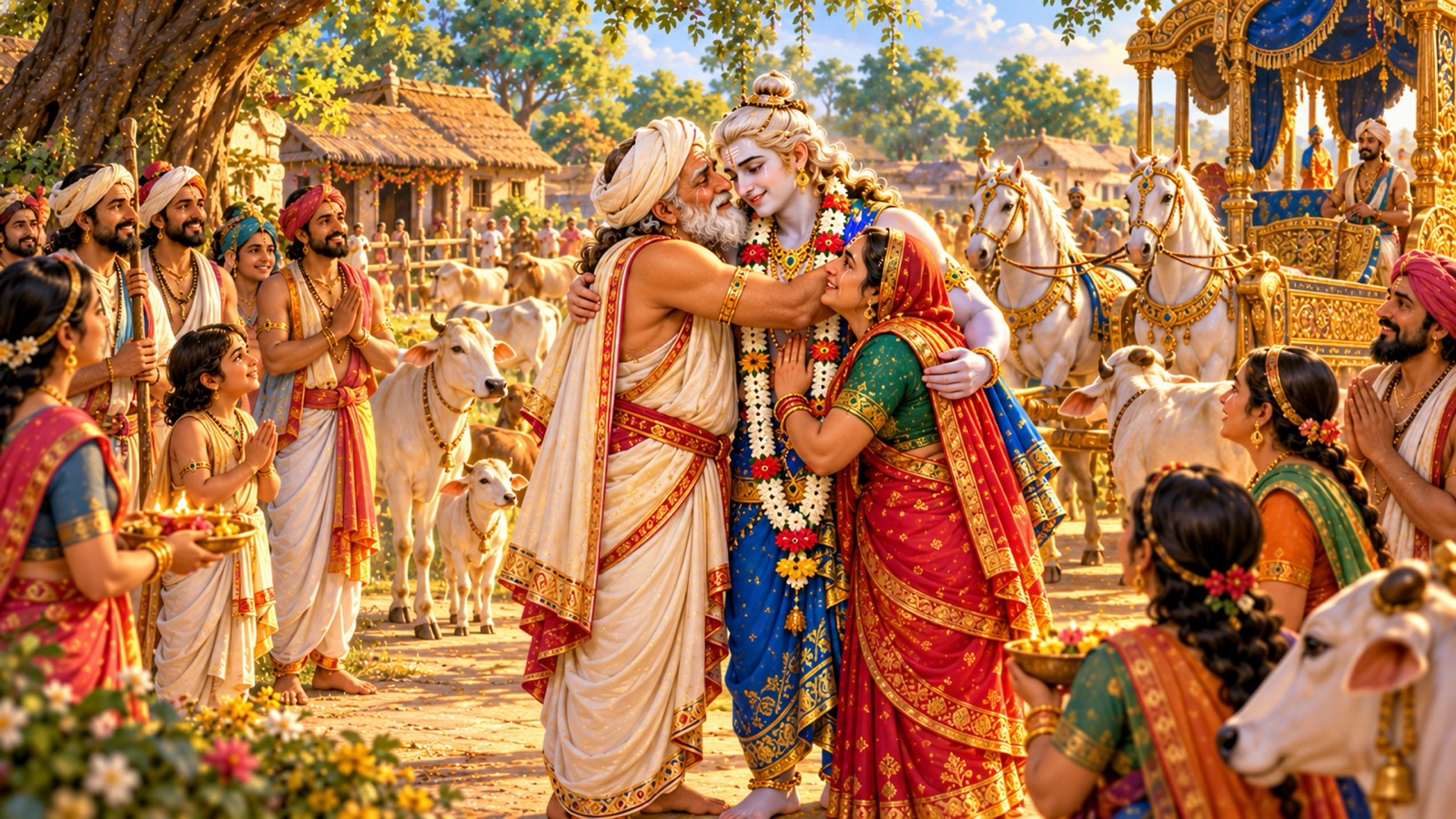 व्रज में रथ से उतरते बलराम, जिन्हें नन्द और यशोदा आनन्द के आँसुओं के साथ गले लगा रहे हैं