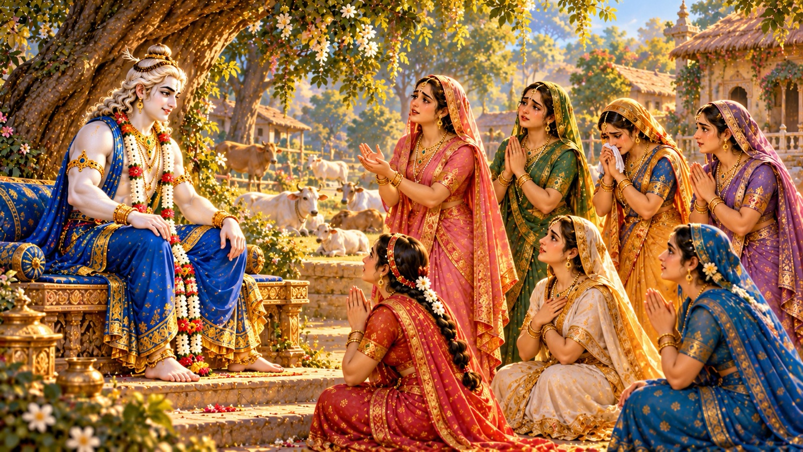 आसीन बलराम के सम्मुख आदरपूर्वक खड़ी व्रज की गोपियाँ, उनसे कृष्ण के विषय में पूछती हुईं