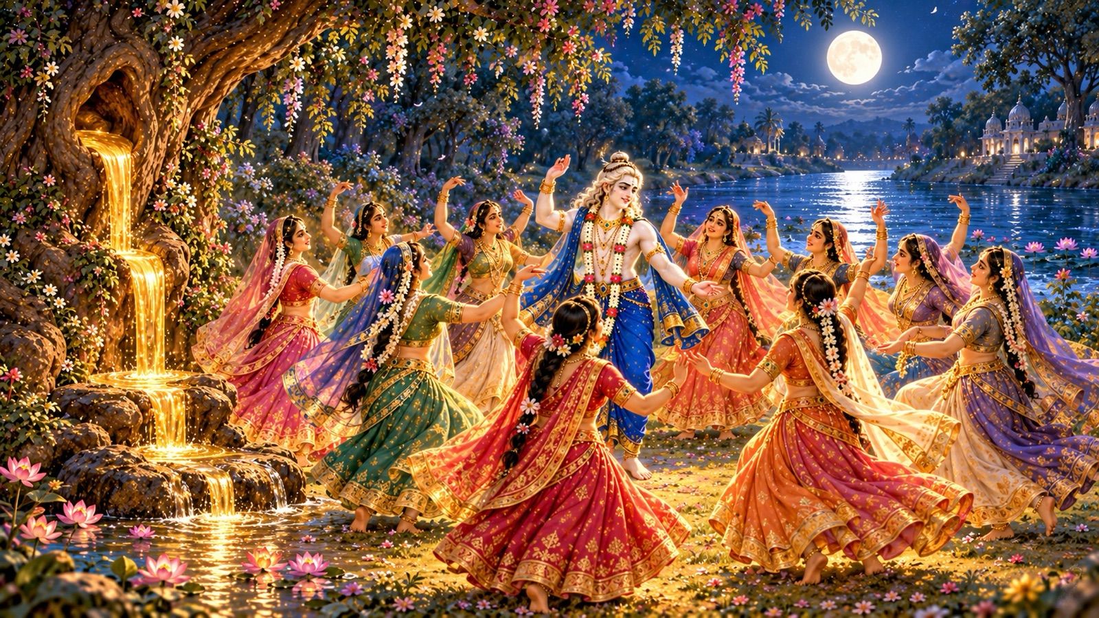 Balarama with the gopis in a dignified moonlit circle in the Yamuna groves, a tree hollow pouring a stream of fragrant nectar nearby