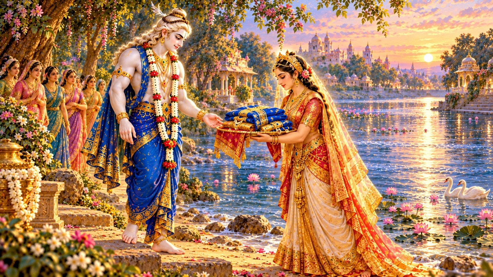 Balarama rising from the Yamuna as the goddess Kanti offers Him blue garments, ornaments and a golden necklace