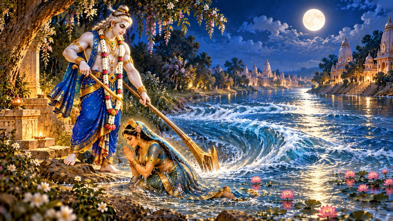 Balarama on the moonlit Yamuna bank drawing the river toward Him with the tip of His plough as the river goddess bows at His feet