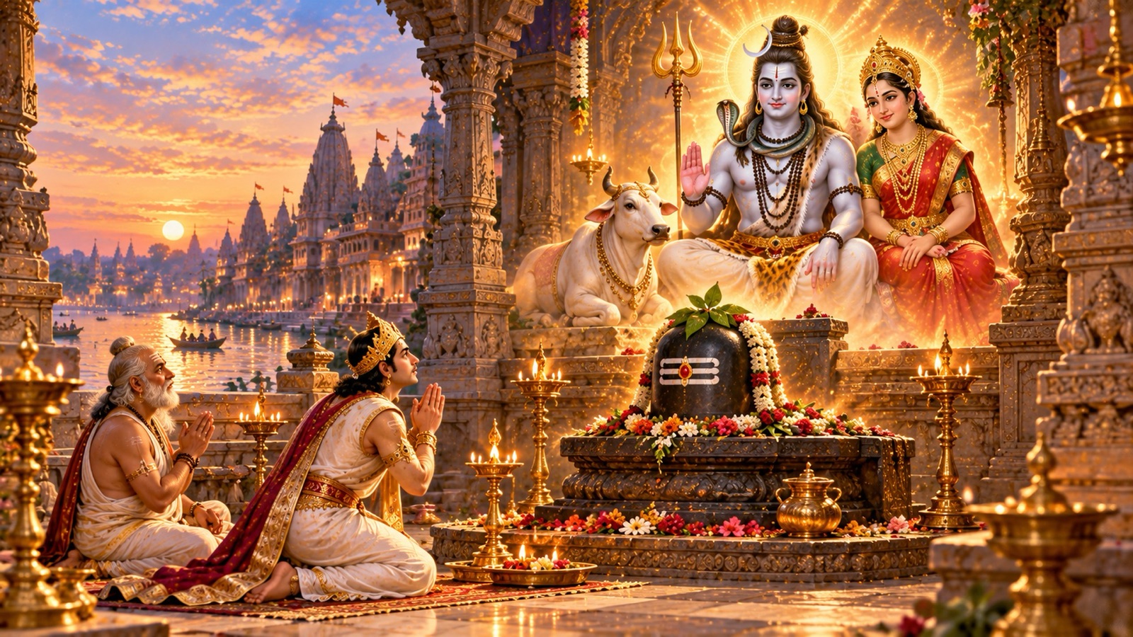 काशी में पार्वती और नन्दी सहित भगवान् शिव की आराधना करते राजकुमार सुदक्षिण और उनके पुरोहित, पिता का प्रतिशोध लेने का वर माँगते हुए