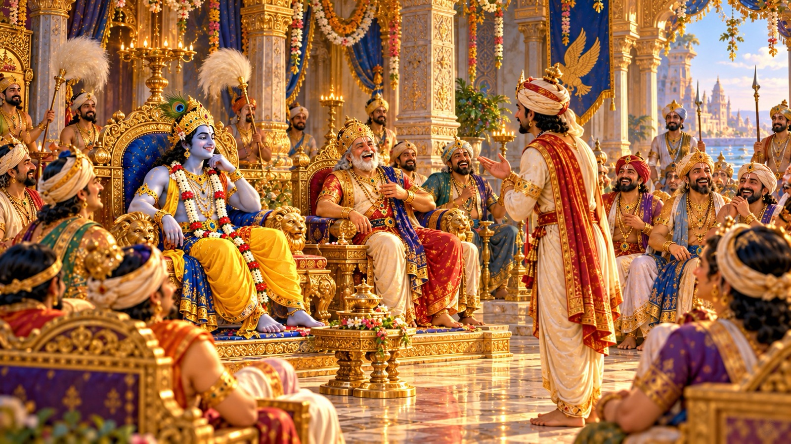 Paundraka's messenger standing before Krishna in the Sudharma assembly of Dwaraka while Ugrasena and the Yadu elders laugh