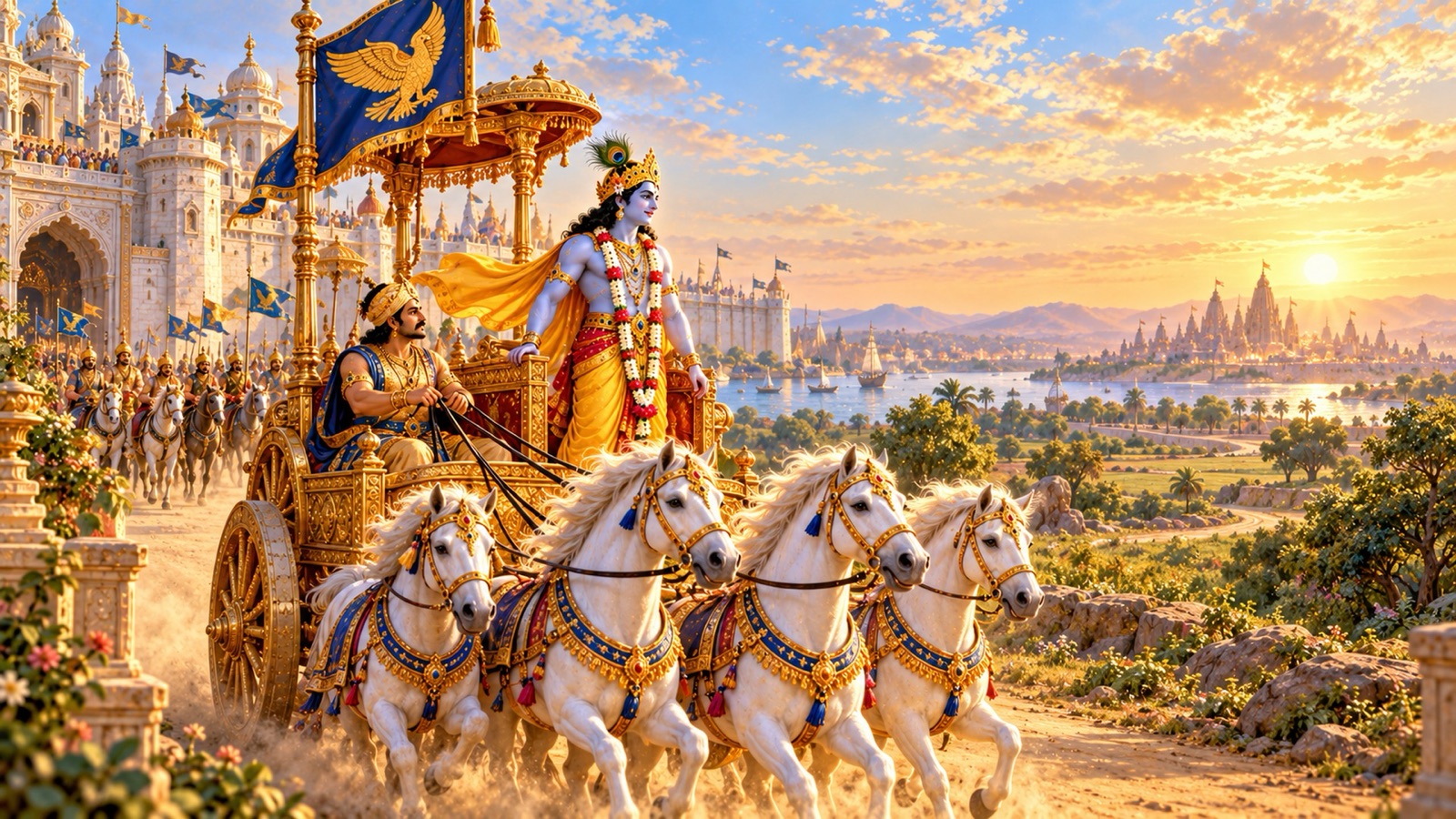 Krishna standing on His chariot with the Garuda banner as it sets out from Dwaraka toward the distant towers of Kashi