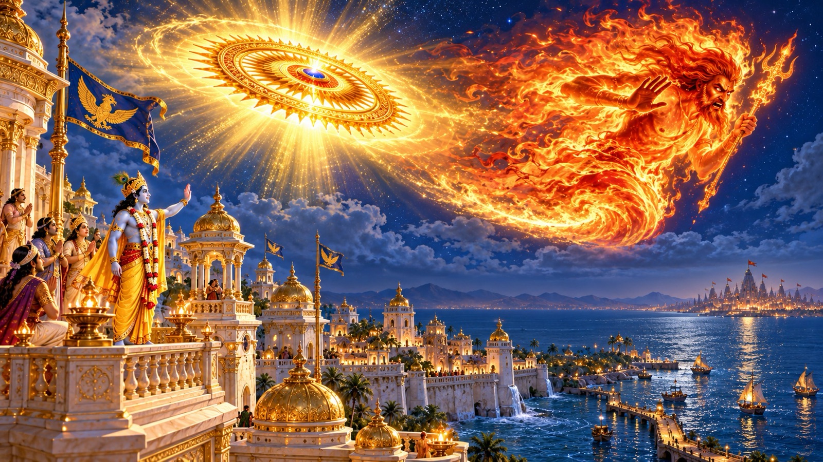 The fiery kritya figure turning back across the night sky toward Kashi, repelled by the radiant light of Sudarshana above Dwaraka