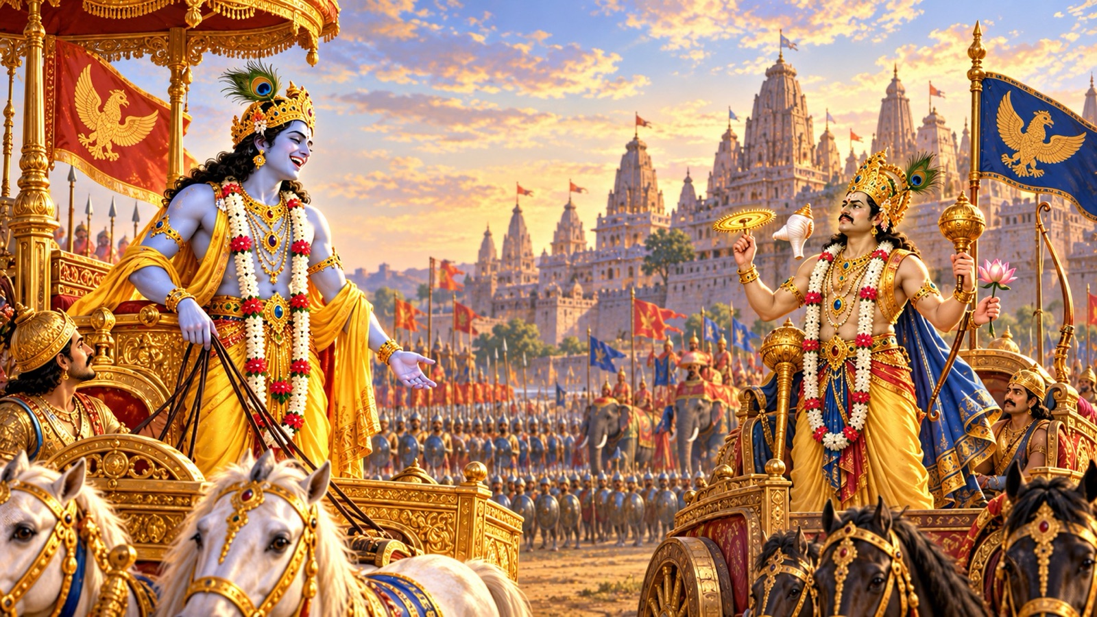 Krishna on His chariot laughing as He beholds Paundraka dressed in an imitation of the Lord's own conch, discus, mace and yellow garments before Kashi