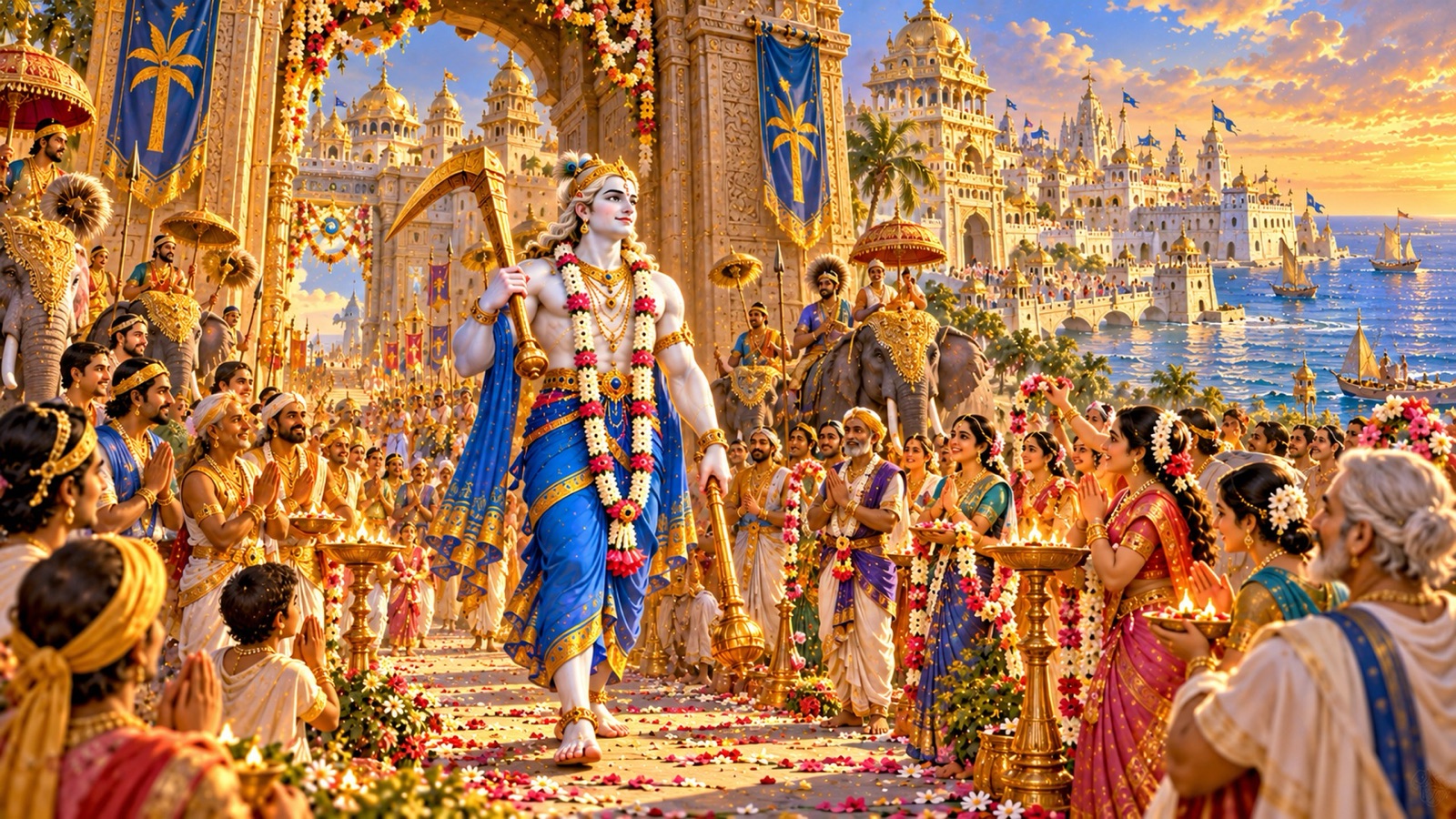 मूसल और हल सहित द्वारका के द्वार में प्रवेश करते बलराम, नगरवासी स्तुति से स्वागत करते हुए
