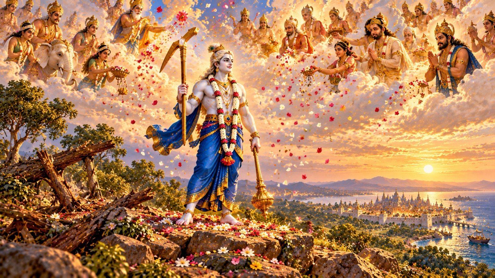 रैवतक पर्वत पर मूसल और हल सहित शान्त खड़े बलराम, आकाश से देवता, सिद्ध और मुनि पुष्प बरसाते हुए