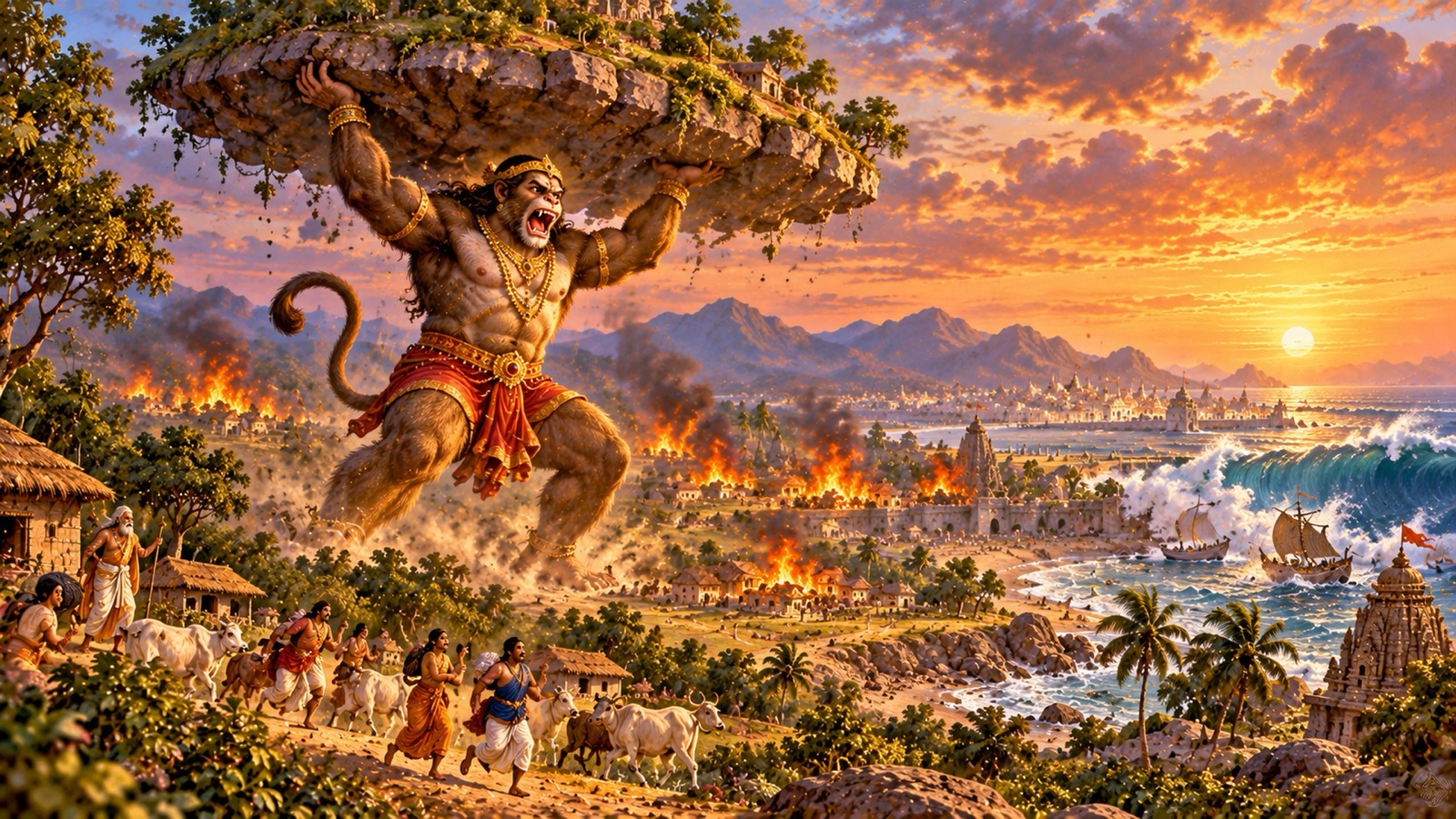 The giant ape Dvivida setting fire to villages and hurling a hill across the land of Anarta