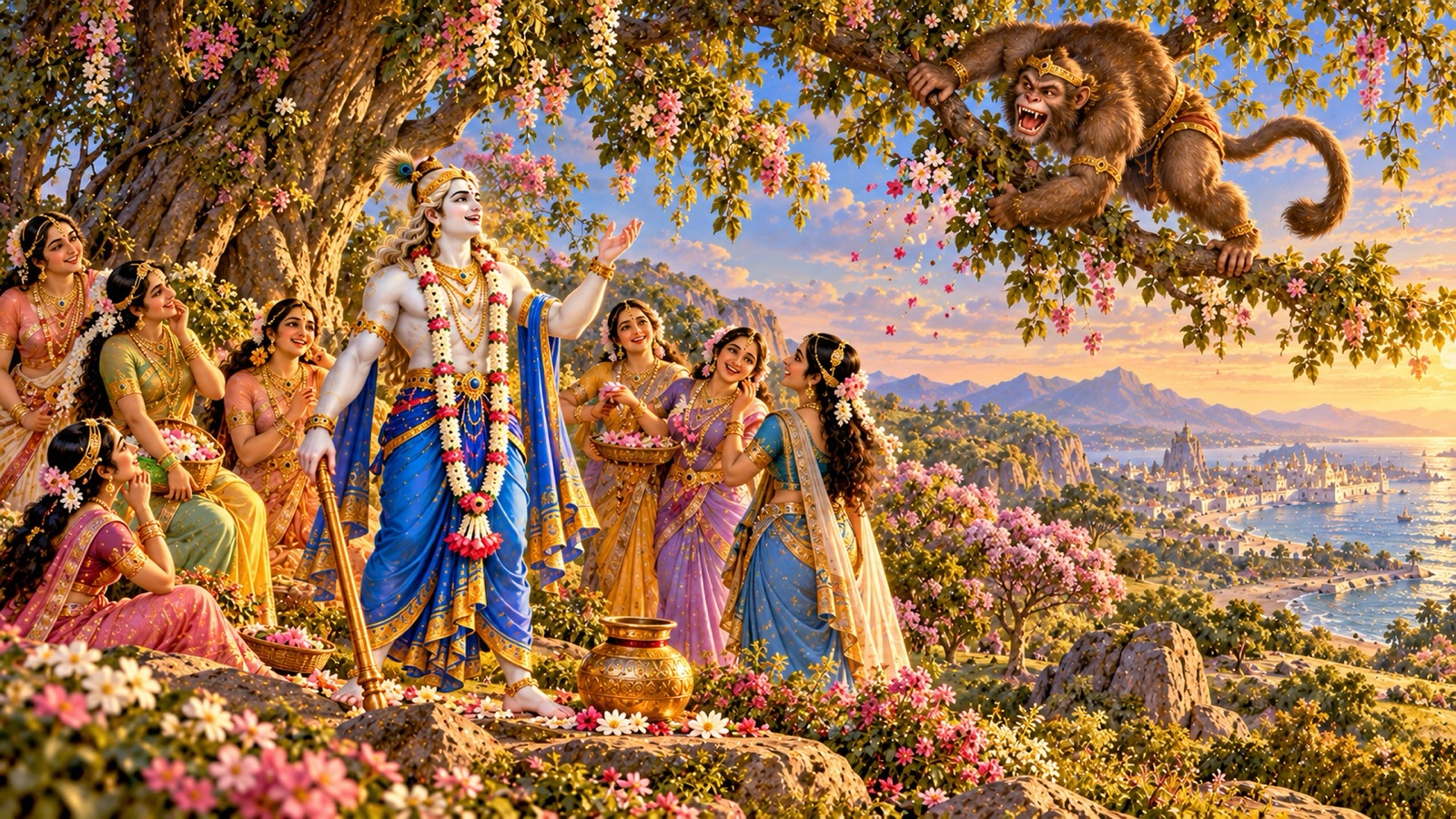 Balarama garlanded with lotuses among laughing maidens on Raivataka hill while the ape Dvivida chatters from a tree