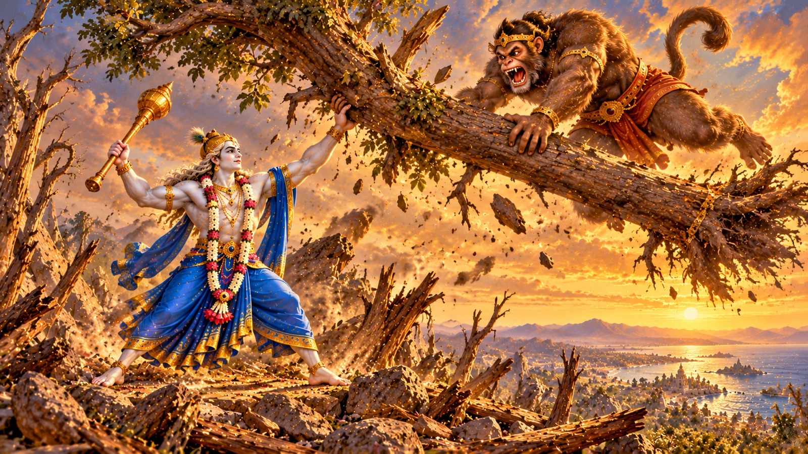 Balarama catching a sal tree in one hand and raising the pestle Sunanda as Dvivida attacks on the mountain