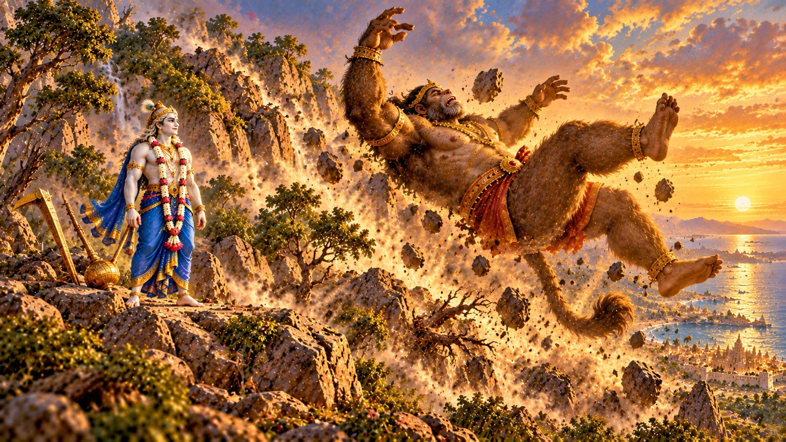 The ape Dvivida toppling like a felled mountain on Raivataka as the peaks and trees tremble