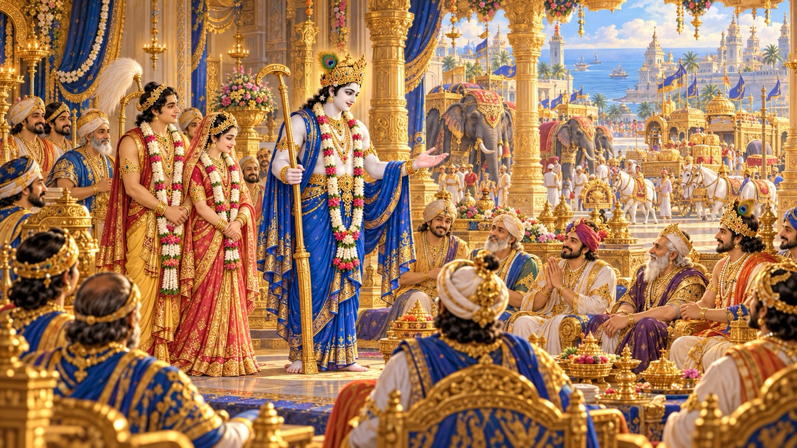 द्वारका की सुधर्मा सभा में कुरुओं के बीच किए अपने कार्य सुनाते बलराम, पास में साम्ब और उनकी वधू लक्ष्मणा