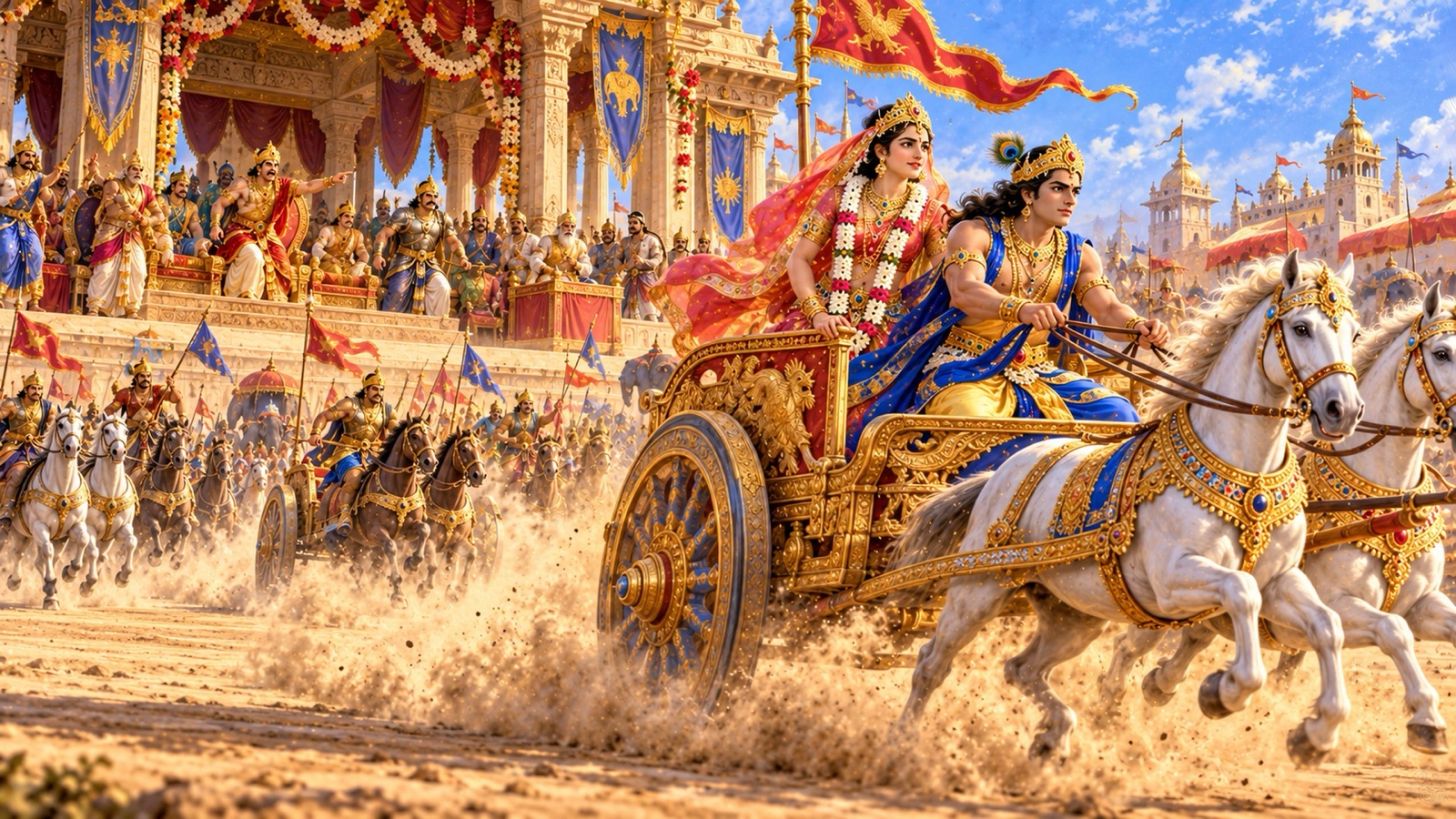 Samba driving his chariot away from the svayamvara pavilion with the fully draped princess Lakshmana beside him as assembled kings look on